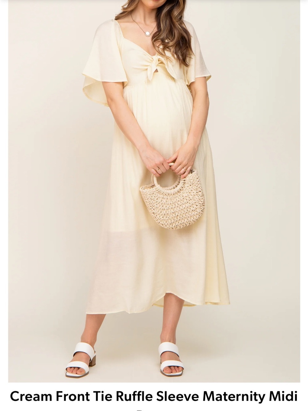 Pinkblush Cream Front Tie Ruffle Sleeve Maternity Midi Dress